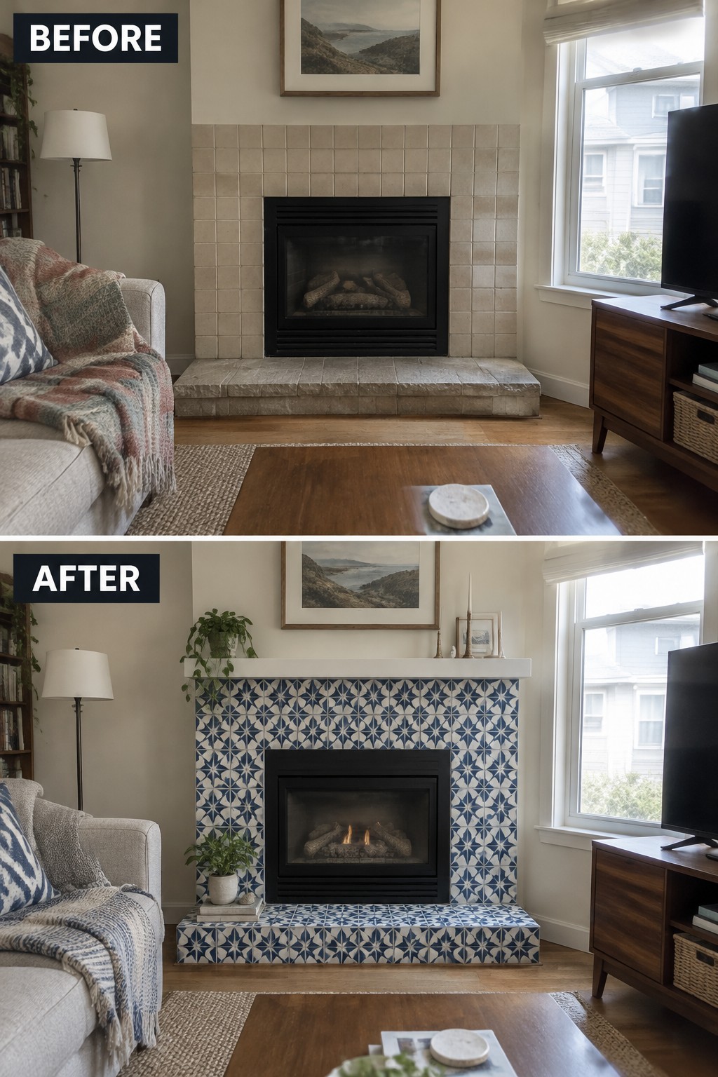 Before-and-after makeover image of a living room fireplace with a plain beige tile surround replaced by blue patterned tile.