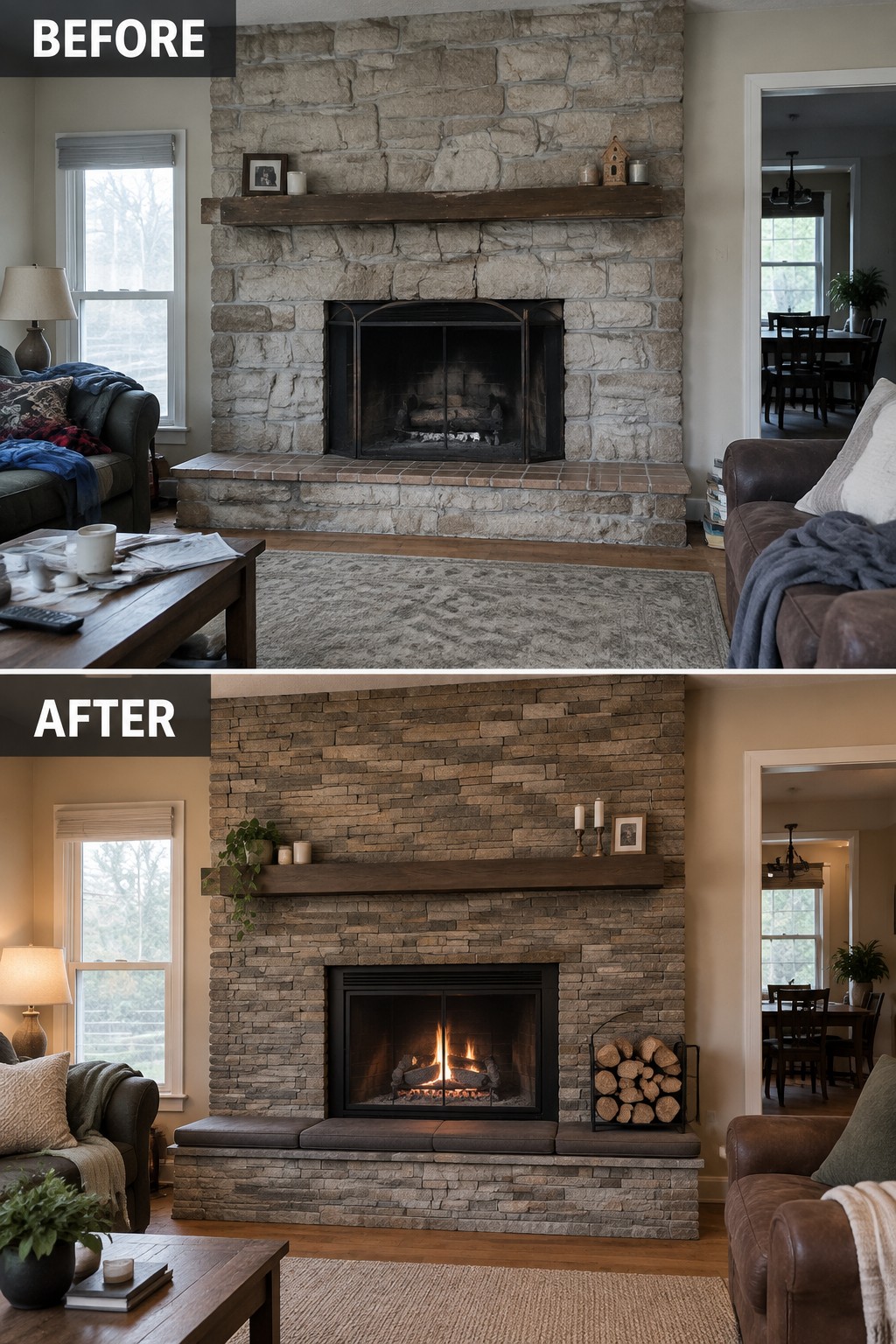 Before-and-after makeover image of a living room fireplace updated with a darker stone surround and a new firebox.