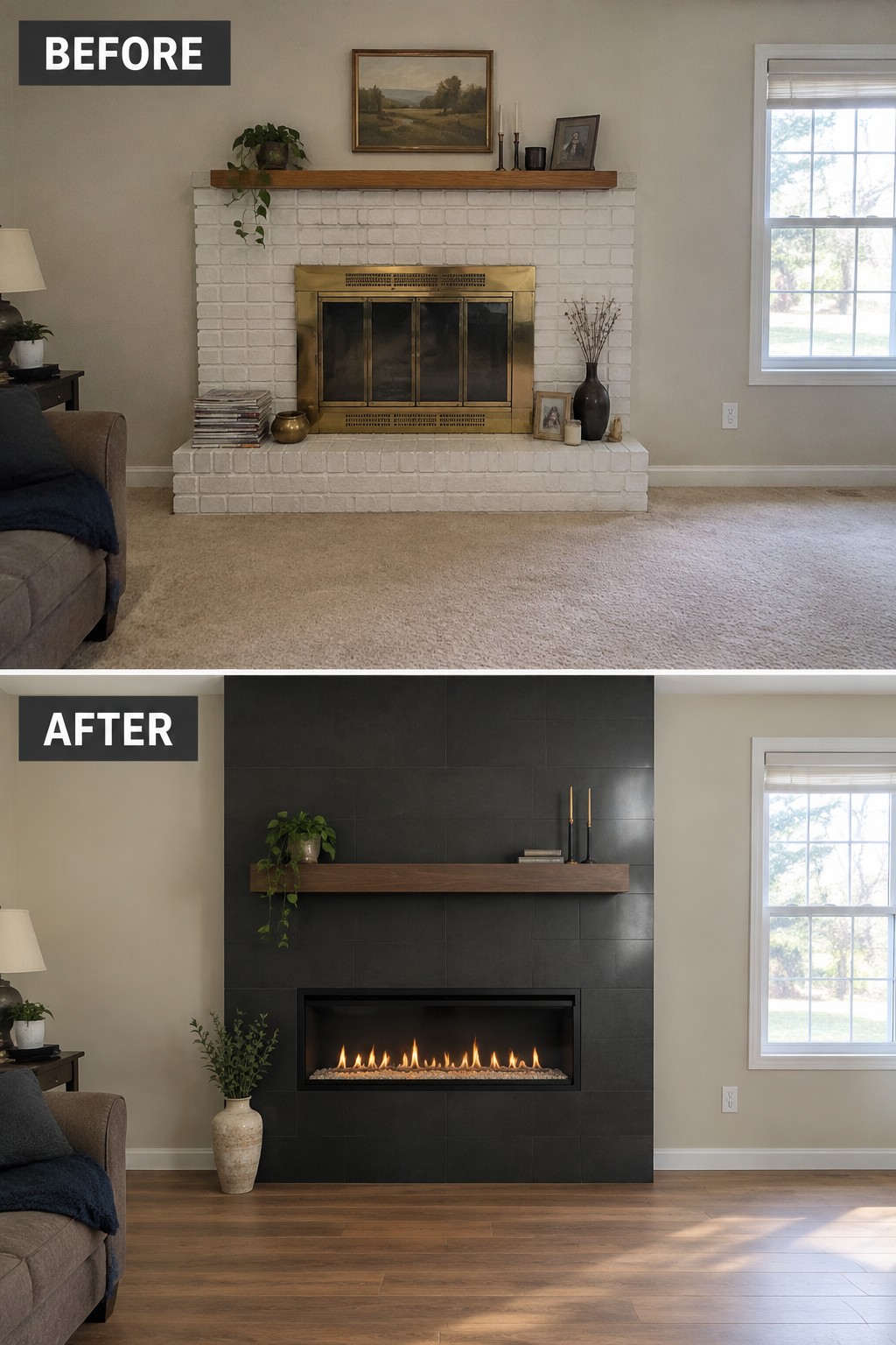 Before-and-after makeover image of a white brick fireplace replaced with a dark tiled surround and a modern linear gas insert.