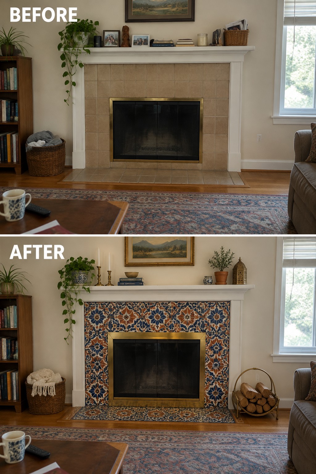 Before-and-after makeover image of a fireplace with plain beige surround tiles replaced by patterned blue and rust-colored tiles.