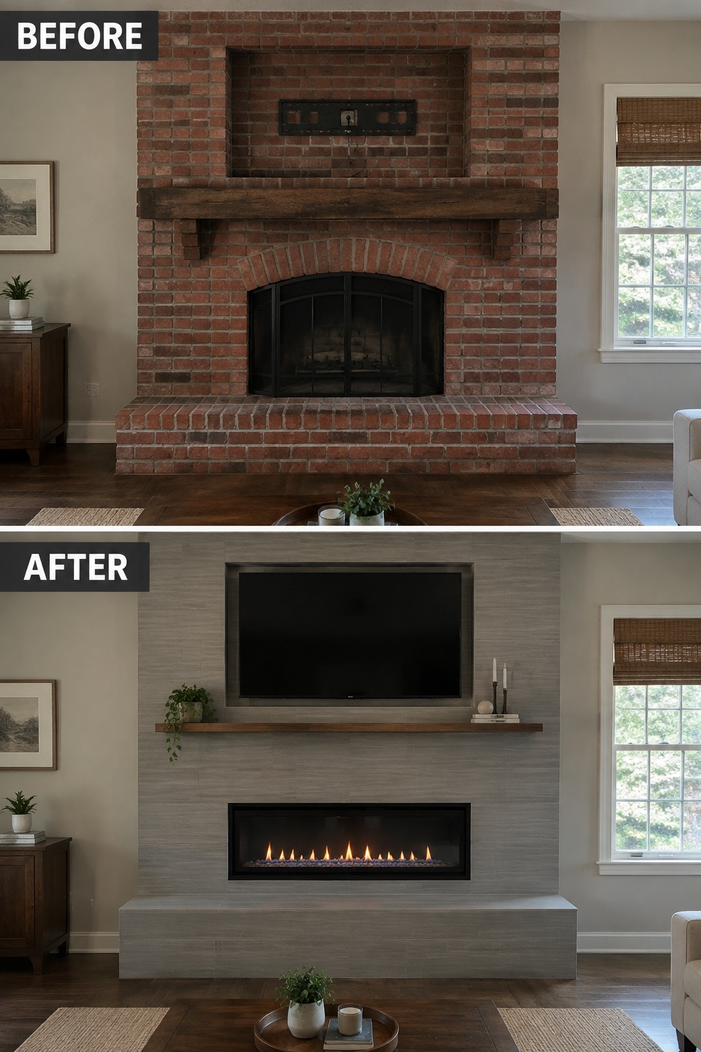 Before-and-after makeover image of a brick fireplace remodeled with a gray tile surround, a linear gas firebox, and a wall-mounted TV.