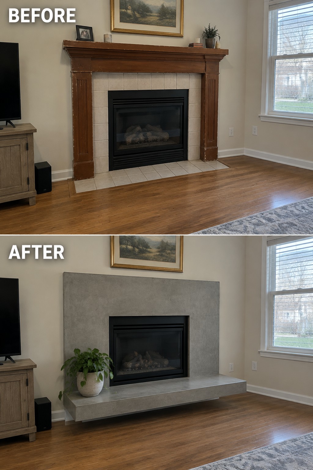 Before-and-after makeover image of a fireplace updated from a wood mantel and tiled surround to a broad gray surround with a floating hearth.