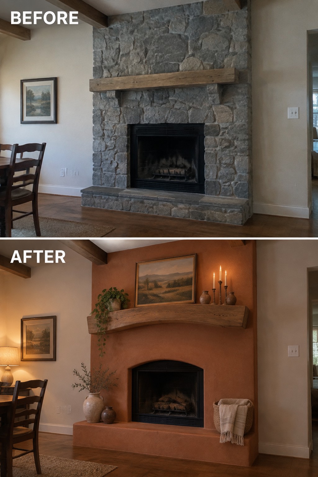 Before-and-after makeover image showing a gray stone fireplace surround changed to a terracotta-colored plaster surround with a wood mantel.