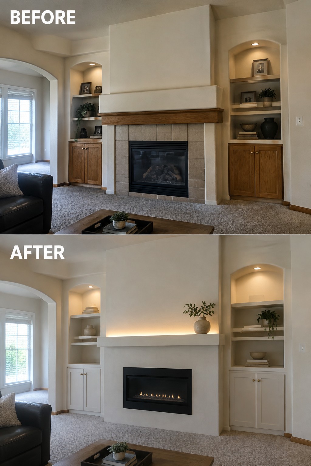 Before-and-after makeover image of a living room fireplace updated from a tiled surround with a wood mantel to a smooth plaster surround and slim black firebox.