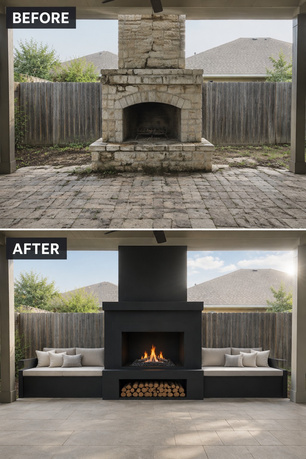 Before-and-after makeover image of an outdoor patio with an old stone fireplace replaced by a modern black fireplace, built-in seating, and a wood storage niche.