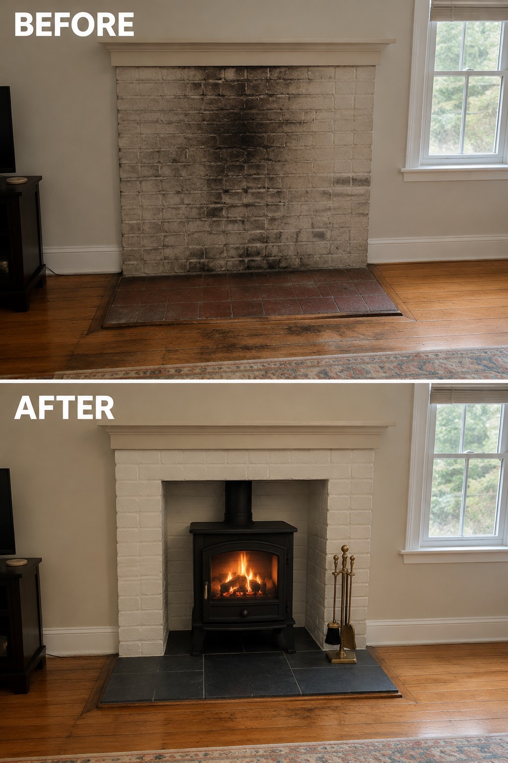 Before-and-after makeover image showing a stained brick fireplace changed to a light-painted surround with a black wood stove and dark hearth tiles.