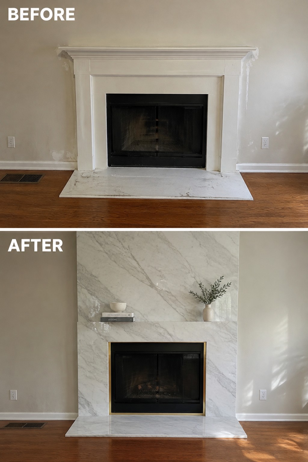 Before-and-after makeover image of a fireplace with a painted mantel and worn hearth updated with a marble surround and hearth.