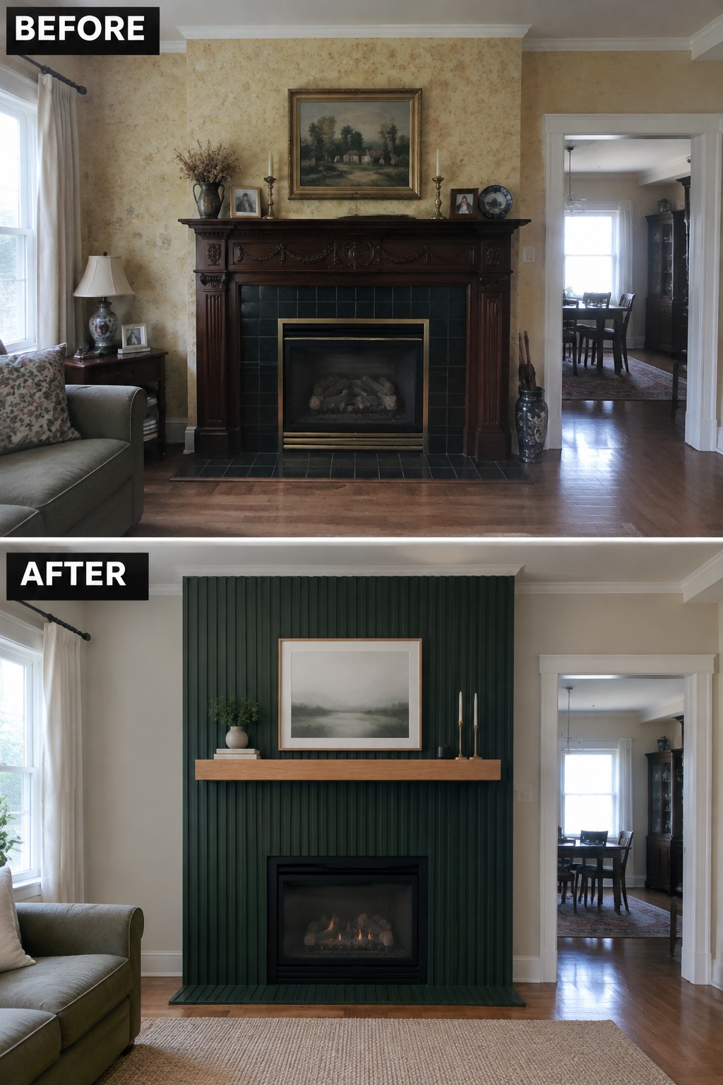 Before-and-after makeover image of a living room fireplace updated from an ornate dark wood surround and patterned wallpaper to a simple wood mantel and dark green paneling.