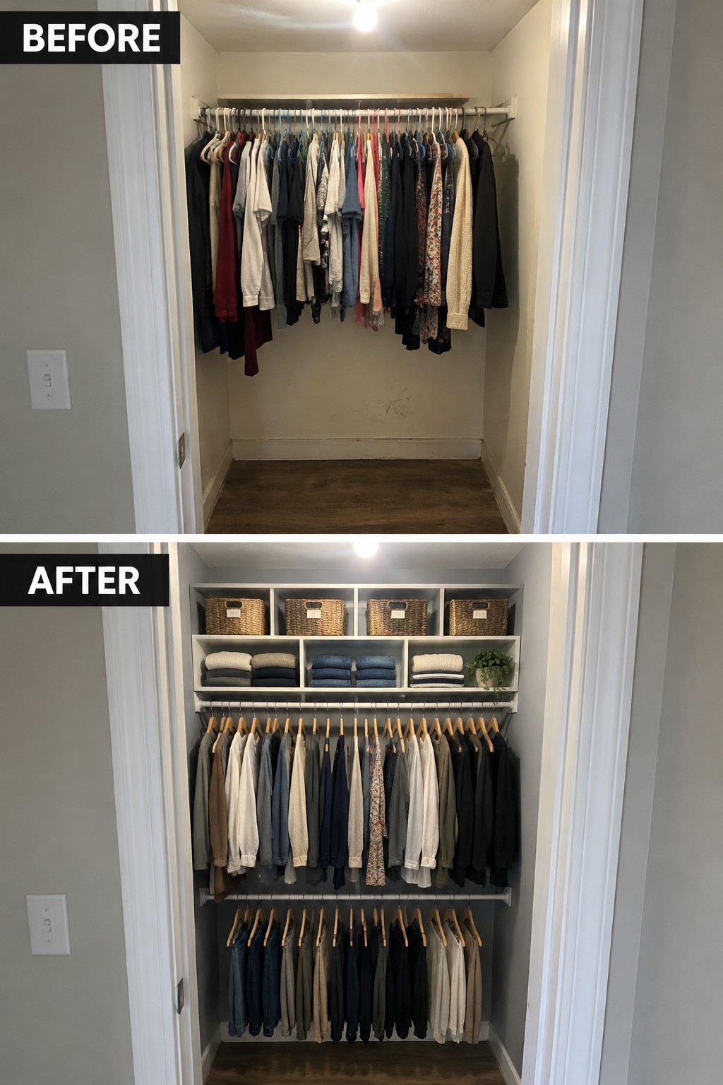 Before-and-after makeover image of a crowded single-rod closet updated with shelves, baskets, folded clothes, and two hanging rods.