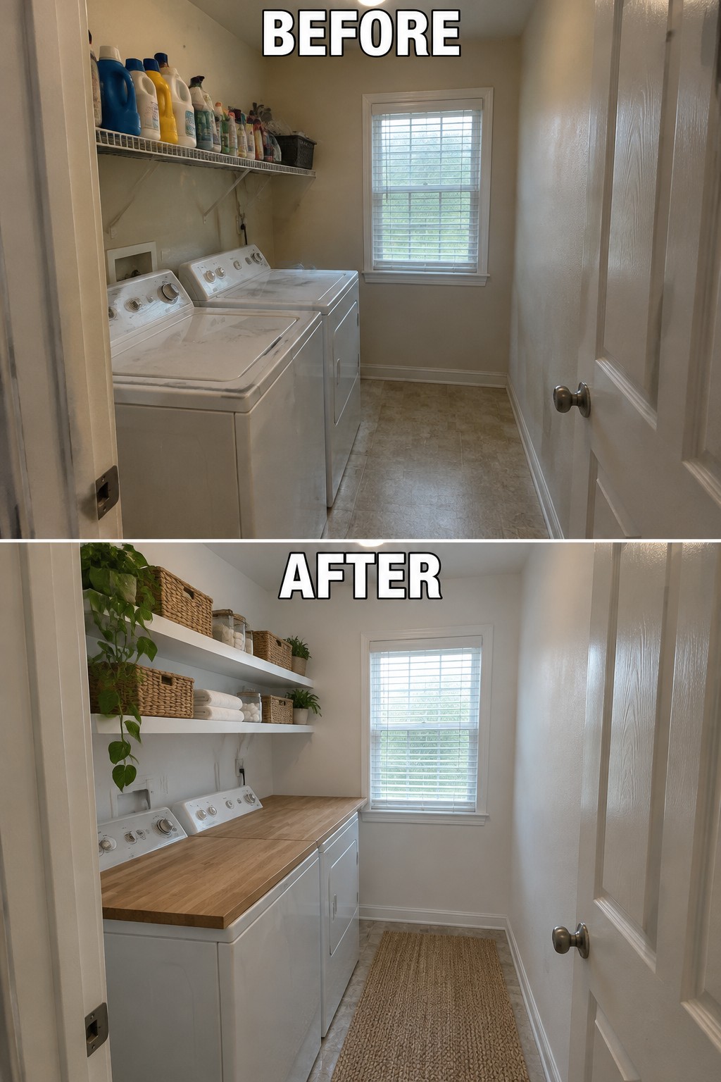 Before-and-after makeover image of a laundry room with a wire shelf replaced by open shelves and a wood countertop over the washer and dryer.