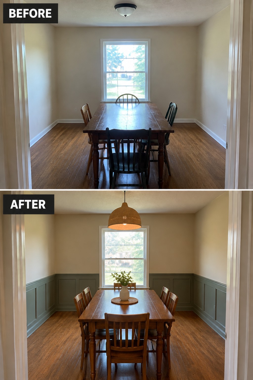 Before-and-after image of a dining room updated with green painted wainscoting and a woven pendant light.