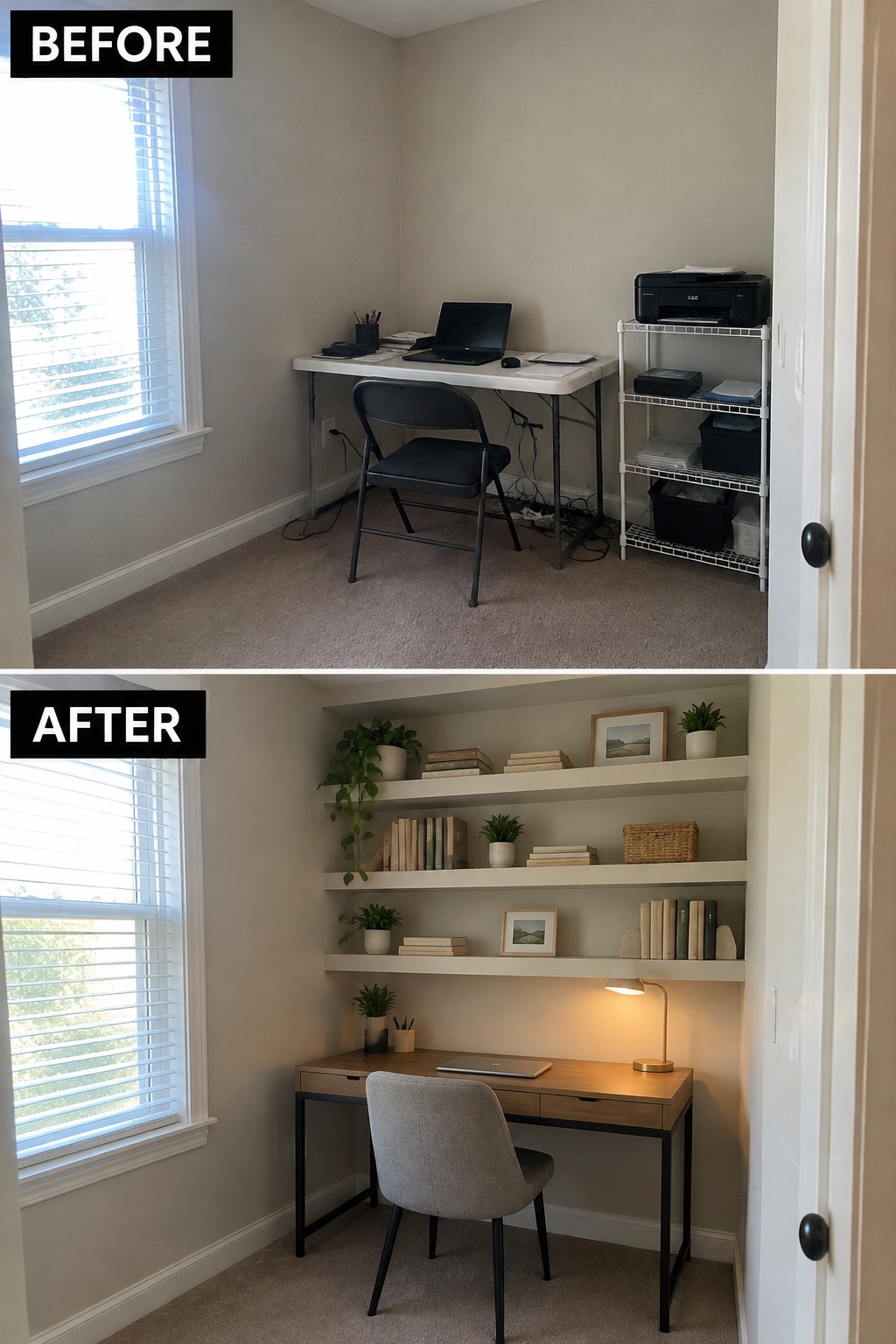 Before-and-after makeover image of a small home office changed from a folding table and wire storage rack to a desk with wall shelves.