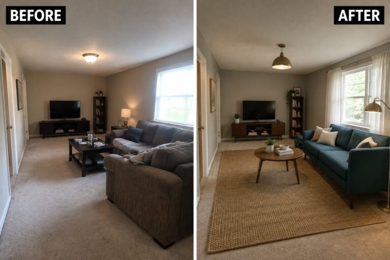 Before-and-after makeover image of a living room updated with a teal sofa and a large area rug.