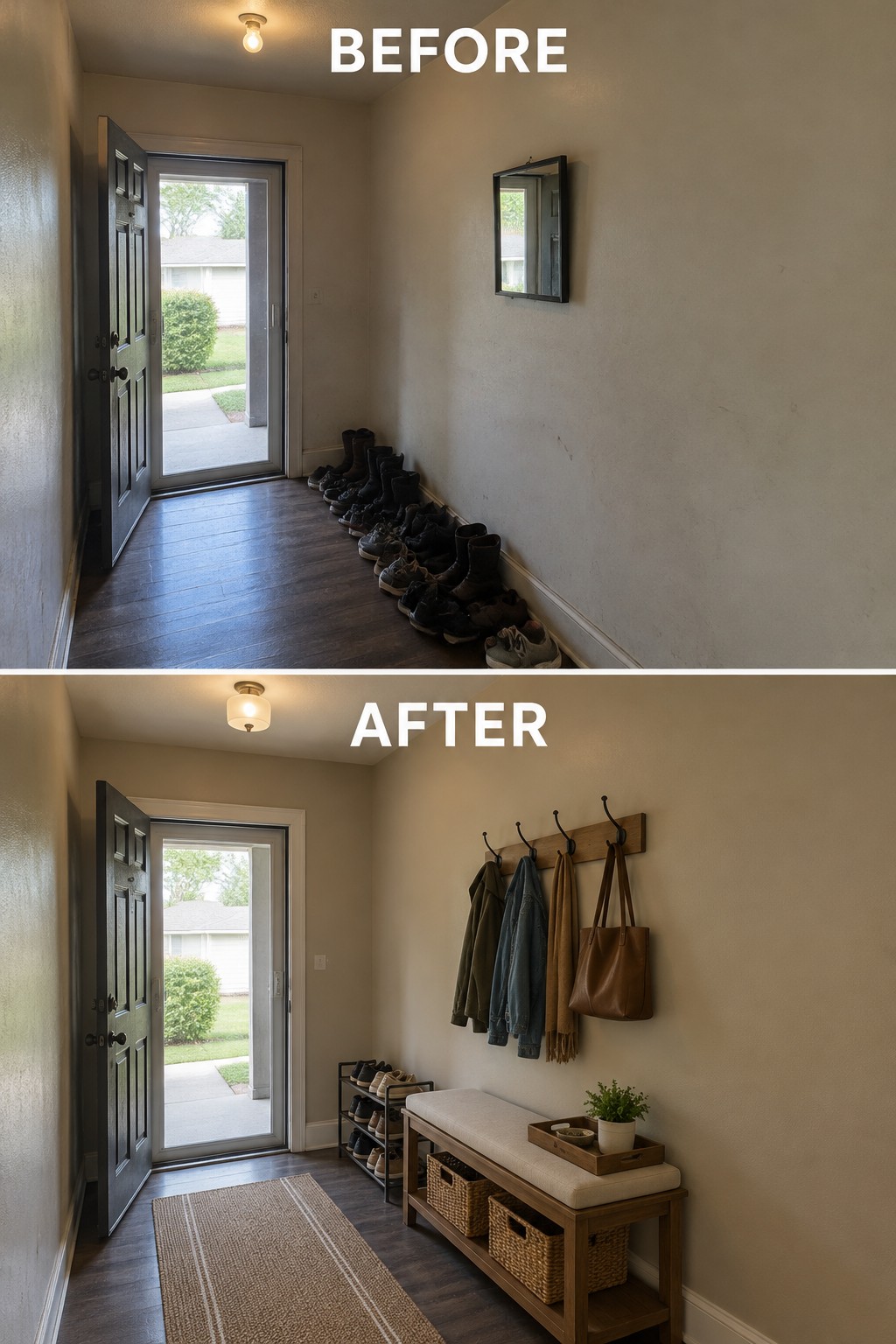 Before-and-after makeover image of an entryway changed from shoes lined along the wall to an organized space with a shoe rack, bench, baskets, and coat hooks.