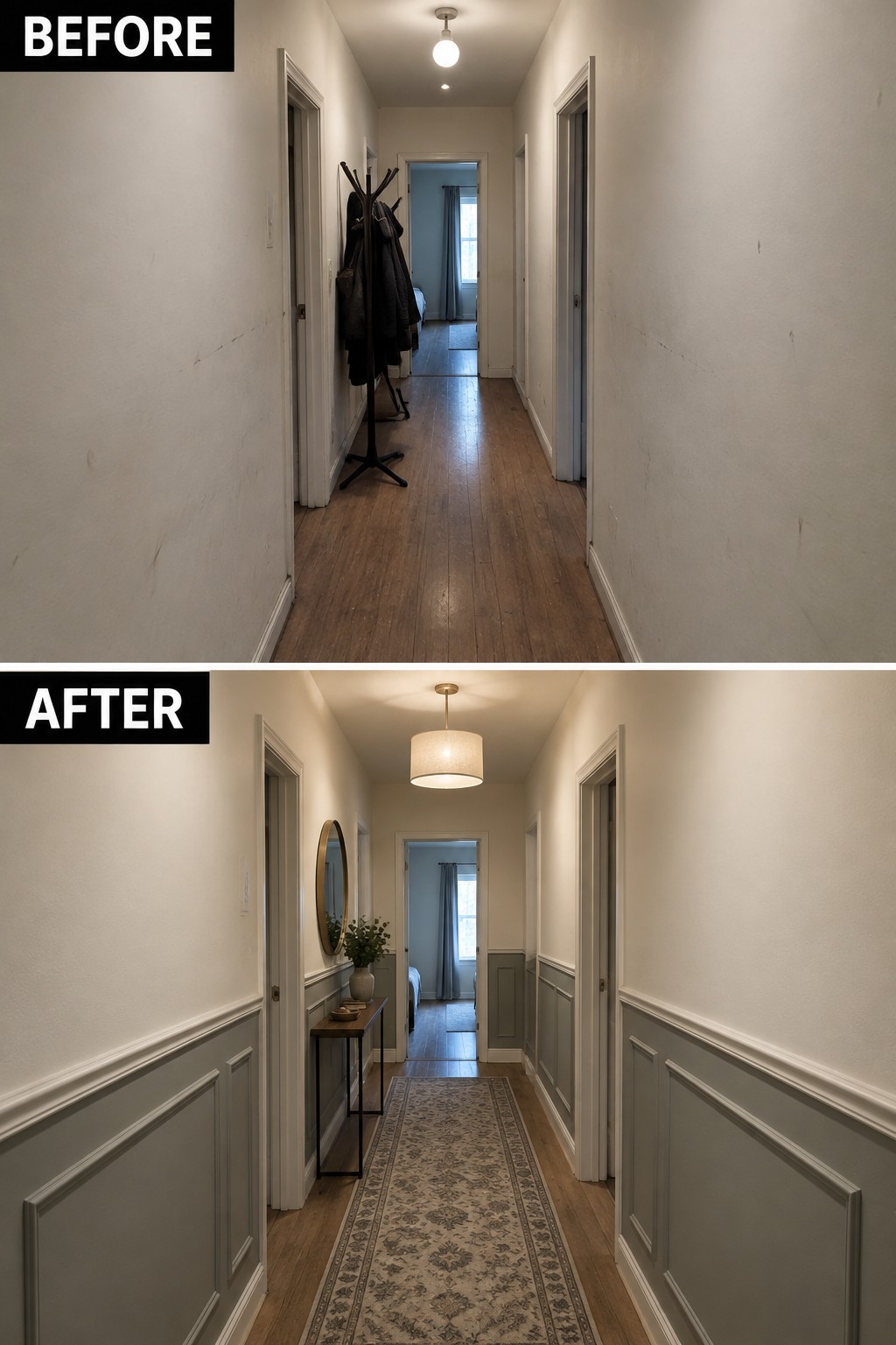 Before-and-after makeover image of a plain hallway updated with lower-wall trim, a runner rug, a console table, and a pendant light.
