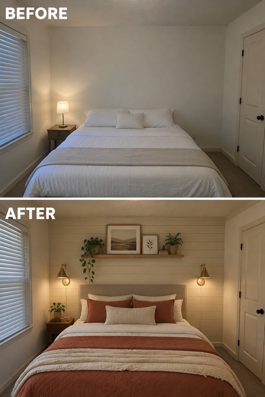Before-and-after makeover image of a plain bedroom updated with horizontal wall trim, a cushioned headboard, and layered bedding.