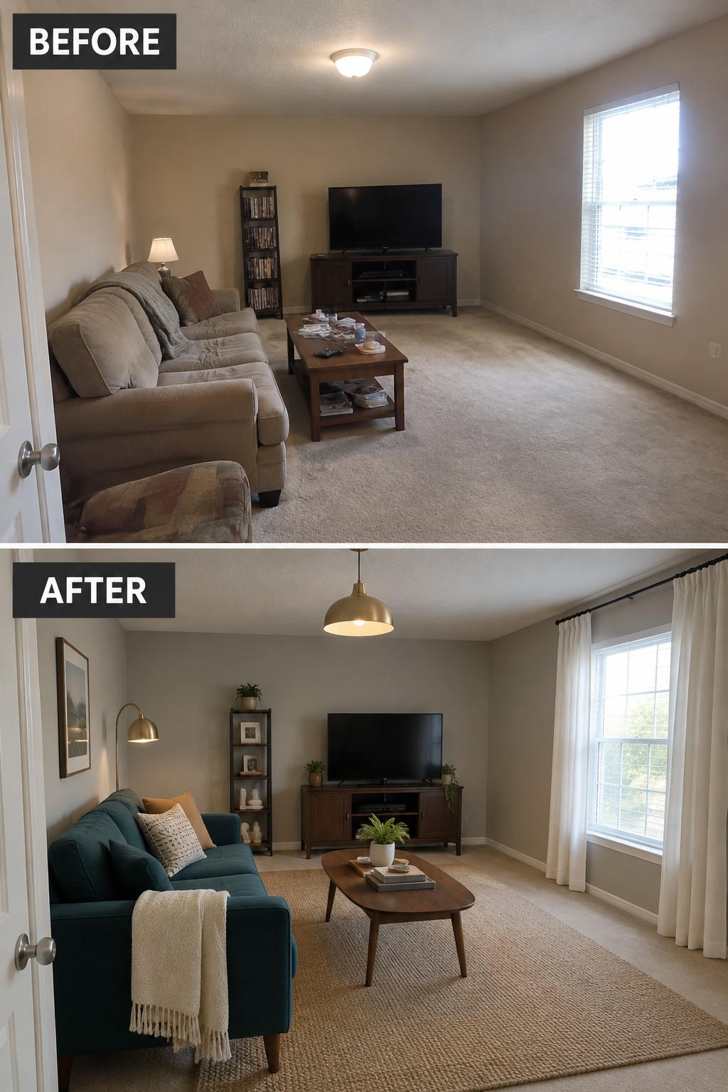 Before-and-after makeover image of a living room updated with a teal sofa and a large area rug.