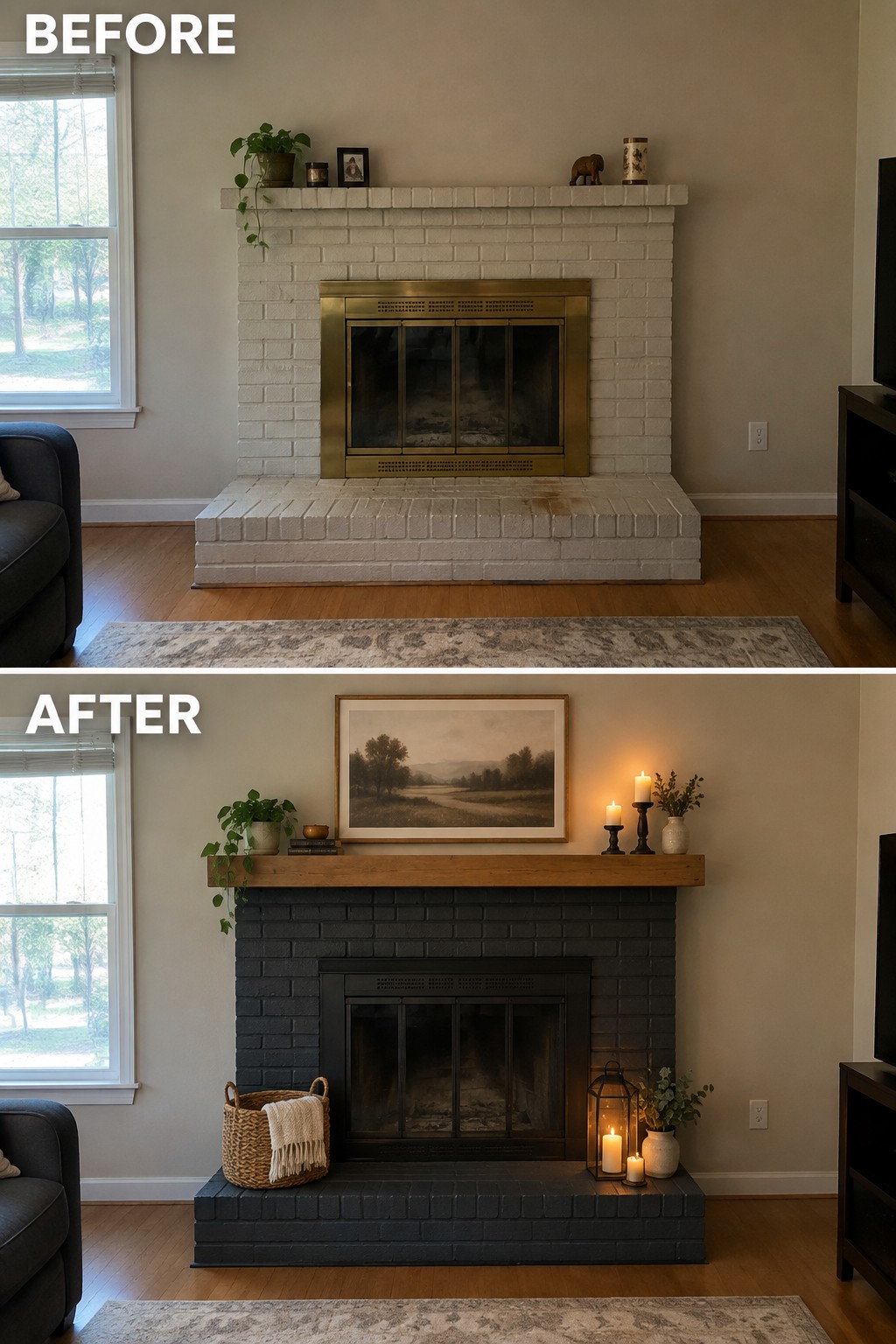Before-and-after makeover image of a pale brick fireplace updated with dark paint and a wood mantel.