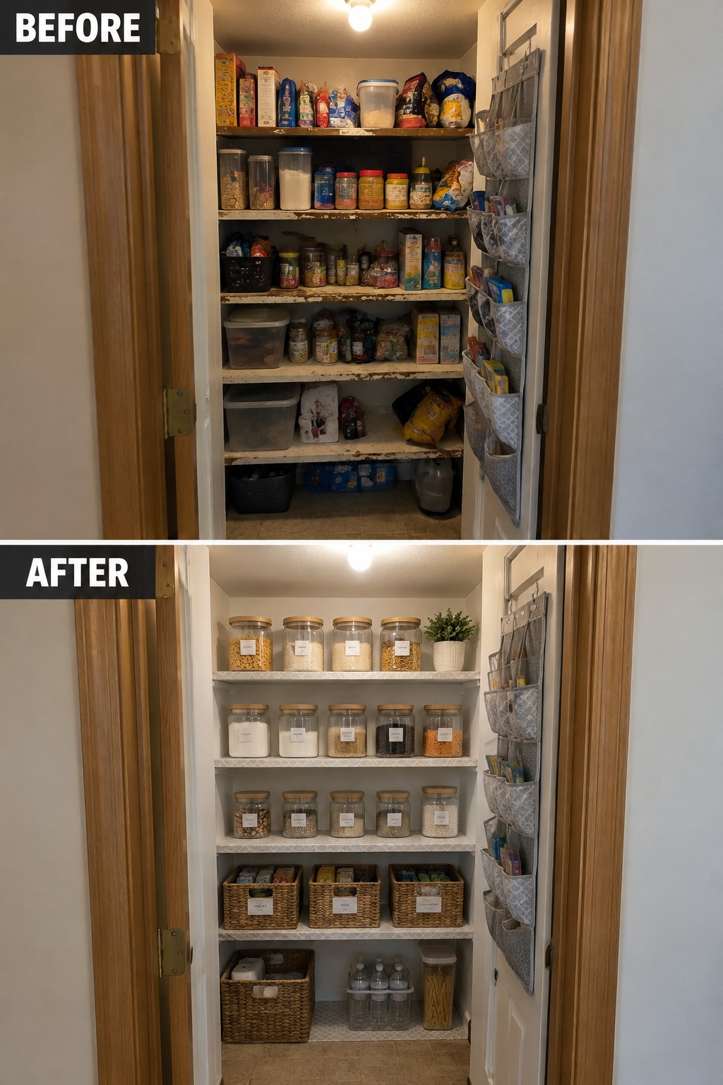 Before-and-after makeover image of a cluttered pantry organized with labeled clear containers and baskets.