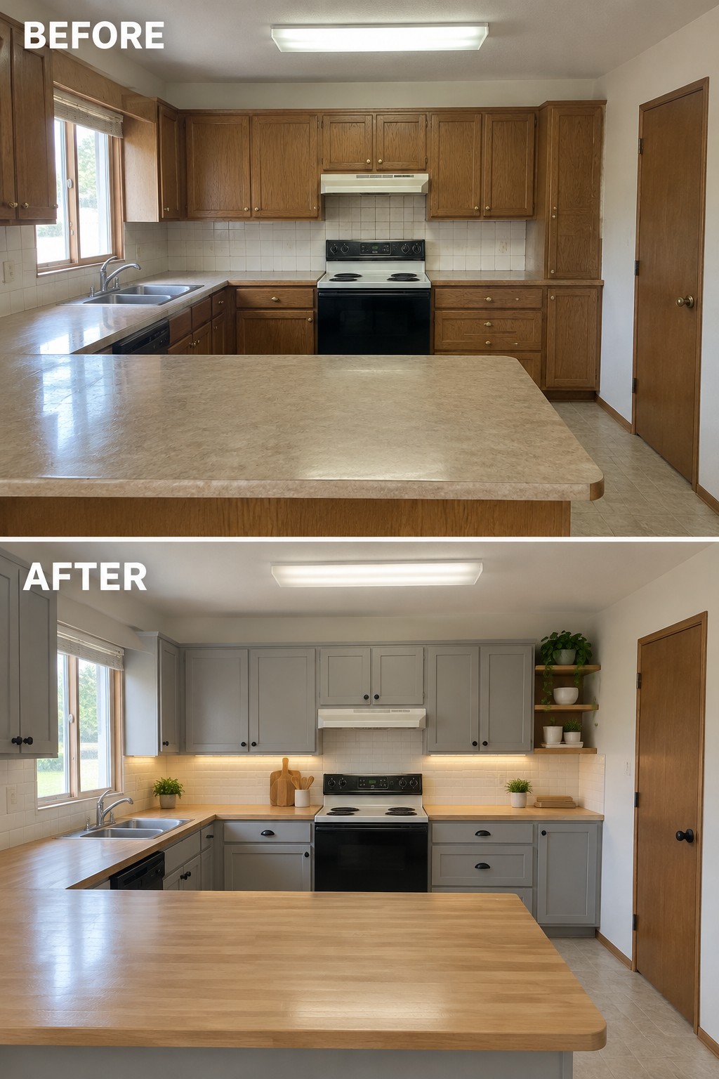 Before-and-after makeover image of a kitchen with brown wood cabinets changed to gray cabinets and a butcher-block island countertop.