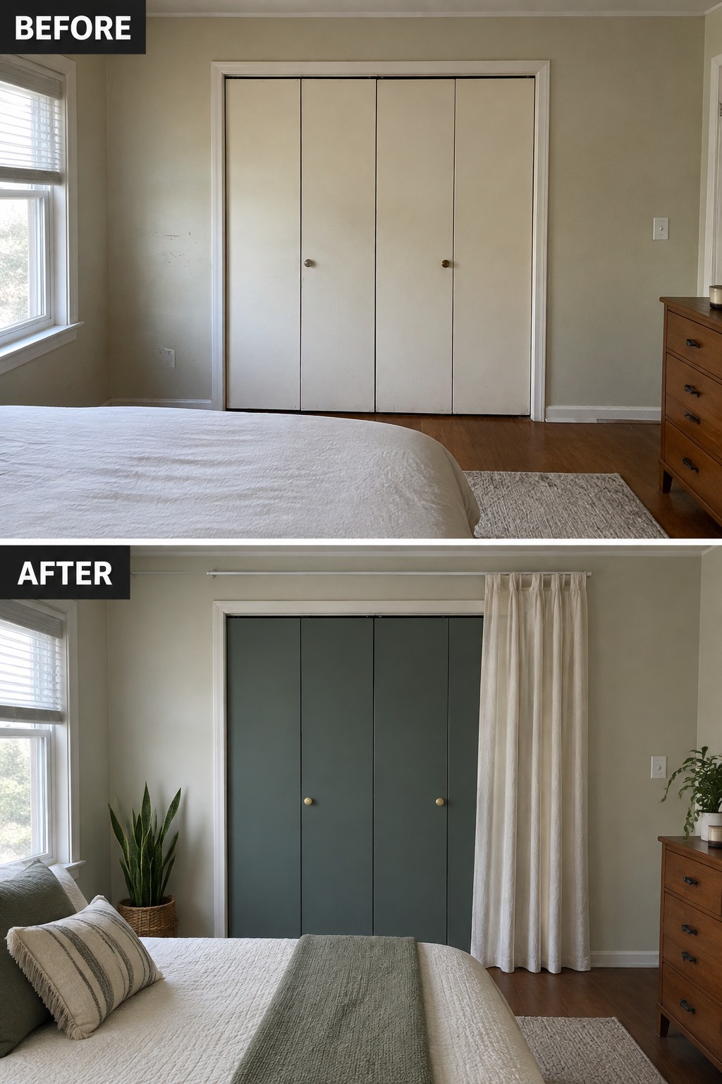 Before-and-after makeover image of a bedroom with cream closet doors changed to dark green doors and a light curtain panel.