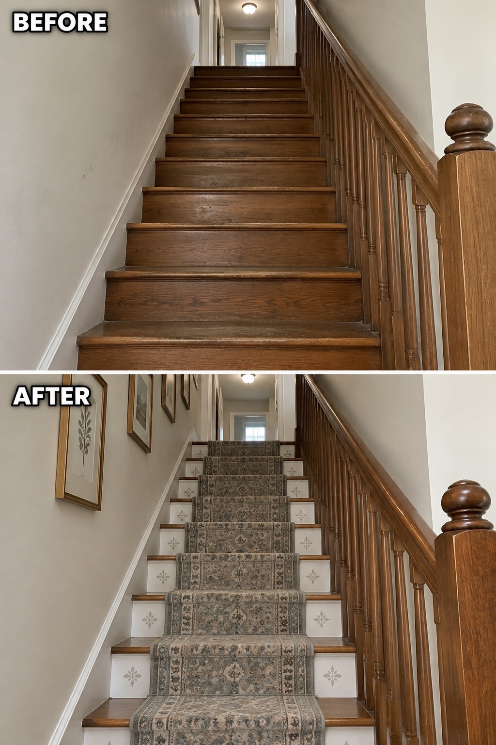 Before-and-after makeover image of a wooden staircase updated with a patterned runner and painted risers.