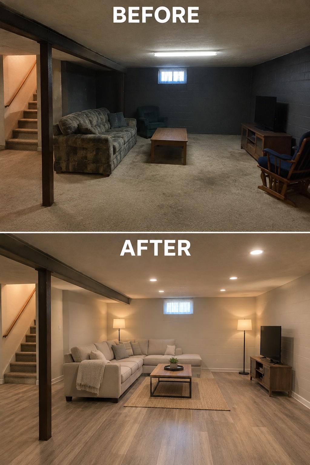 Before-and-after makeover image of a basement living room changed from a dark, sparsely furnished space to a lighter room with a sectional sofa, area rug, and wood-look flooring.