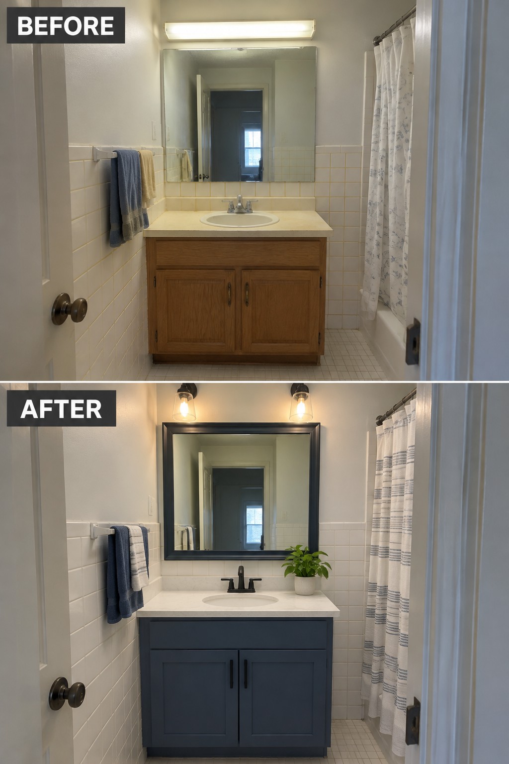 Before-and-after makeover image of a bathroom with a wood vanity updated to blue paint, a dark faucet, and a framed mirror.