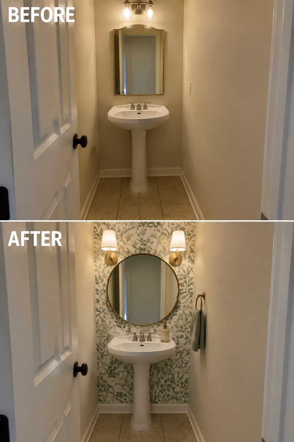 Before-and-after makeover image of a plain powder room updated with botanical wallpaper behind the sink, a round mirror, and wall sconces.