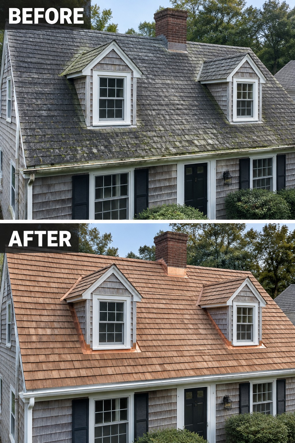 Before-and-after image of a Cape Cod house with a weathered gray roof replaced by warm-toned shingles.
