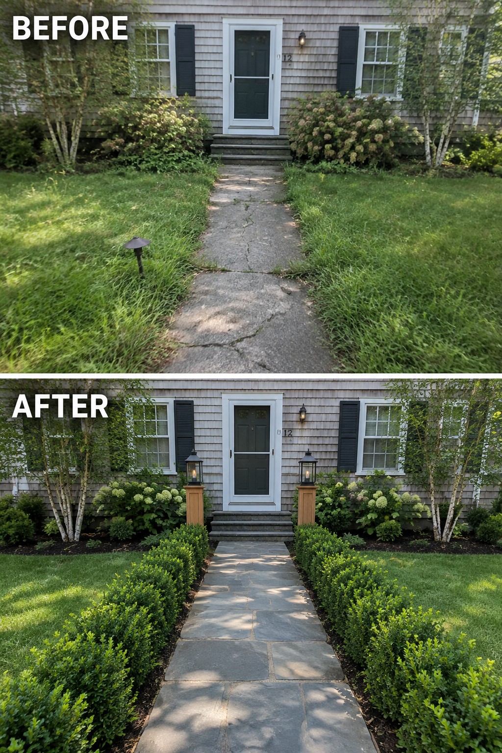 Before-and-after makeover image of a front entry with a cracked, overgrown concrete path changed to a straight stone walkway bordered by trimmed shrubs.
