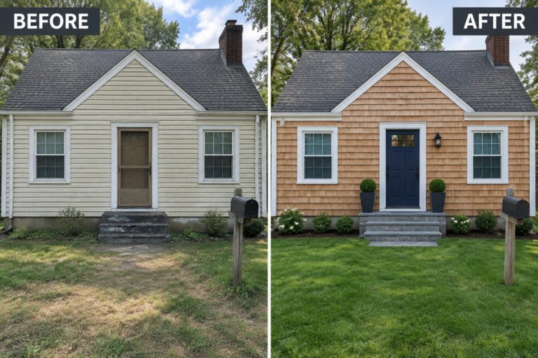 Before-and-after makeover image of a Cape Cod house with beige siding and a dark door updated with tan shingle siding and a navy front door.