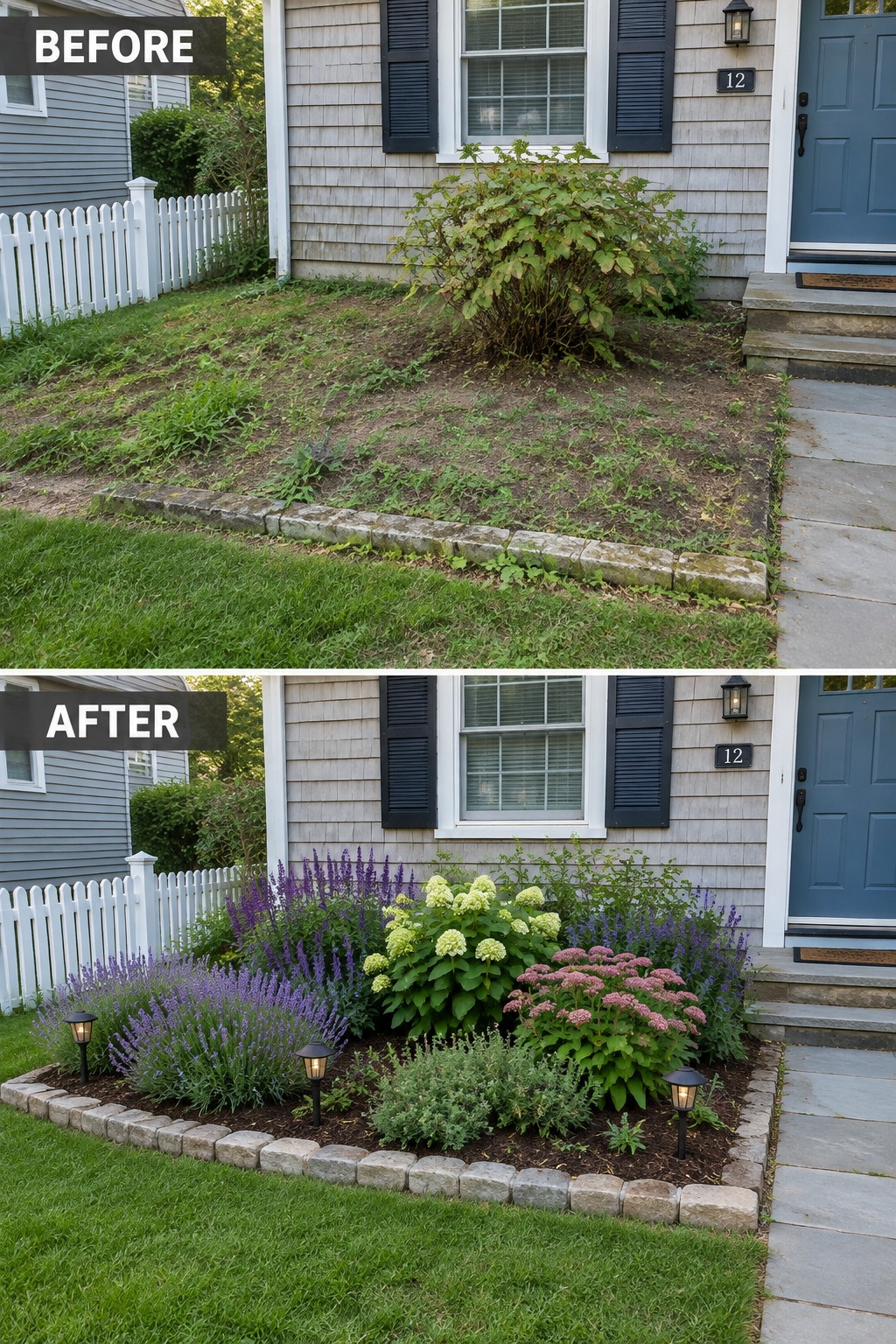 Before-and-after image of a sparse, weedy foundation bed changed into a defined garden bed with stone edging and flowering plants.