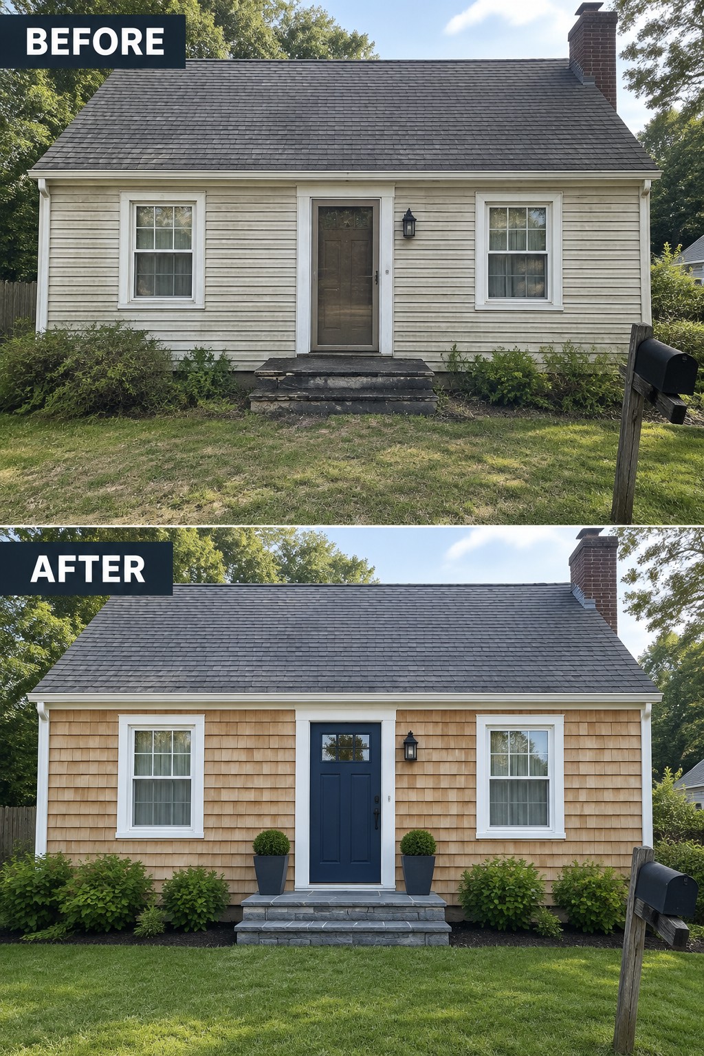Before-and-after makeover image of a Cape Cod house with beige siding and a dark door updated with tan shingle siding and a navy front door.