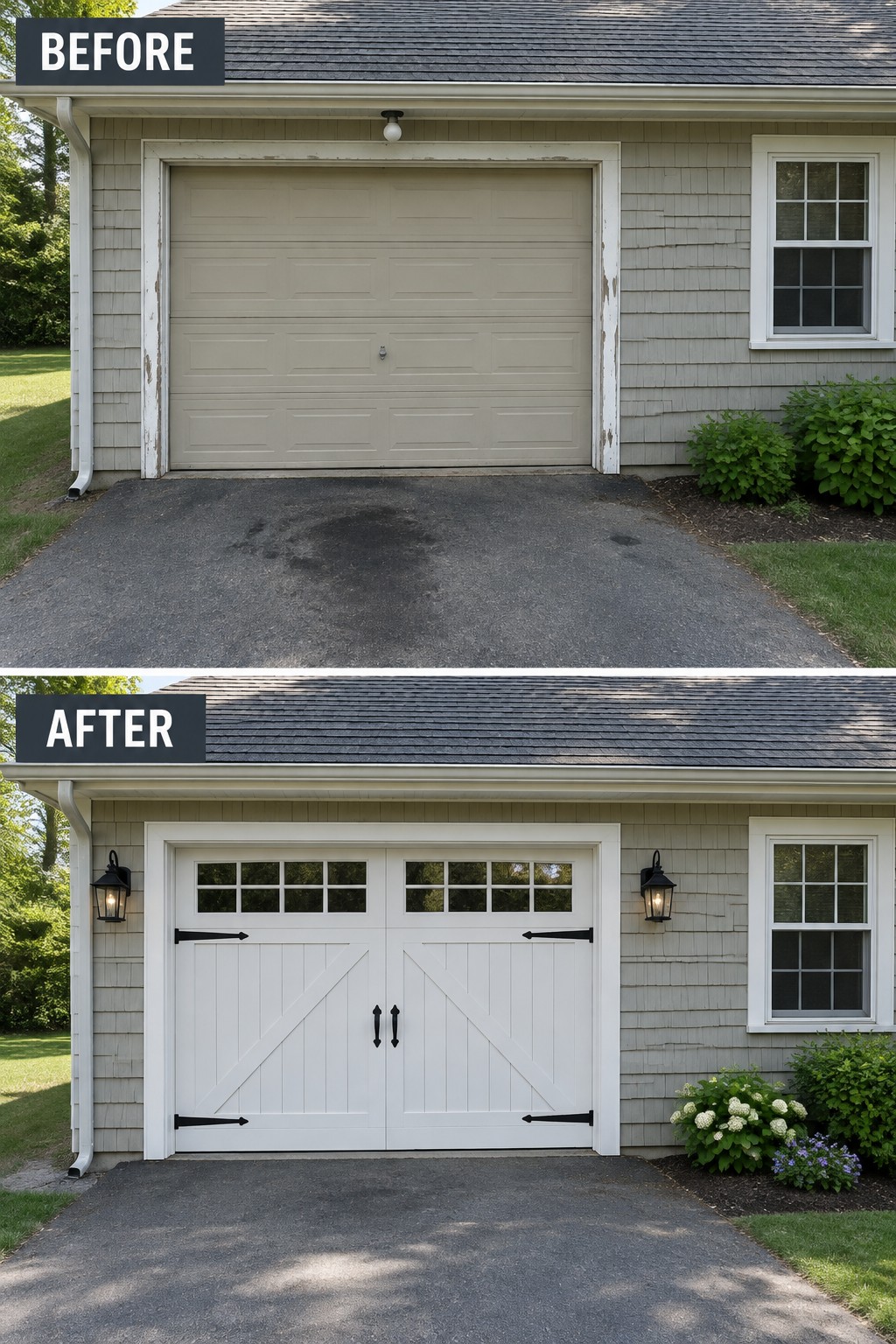 Before-and-after image of a Cape Cod garage updated with a white carriage-style door, black hardware, and lantern lights.