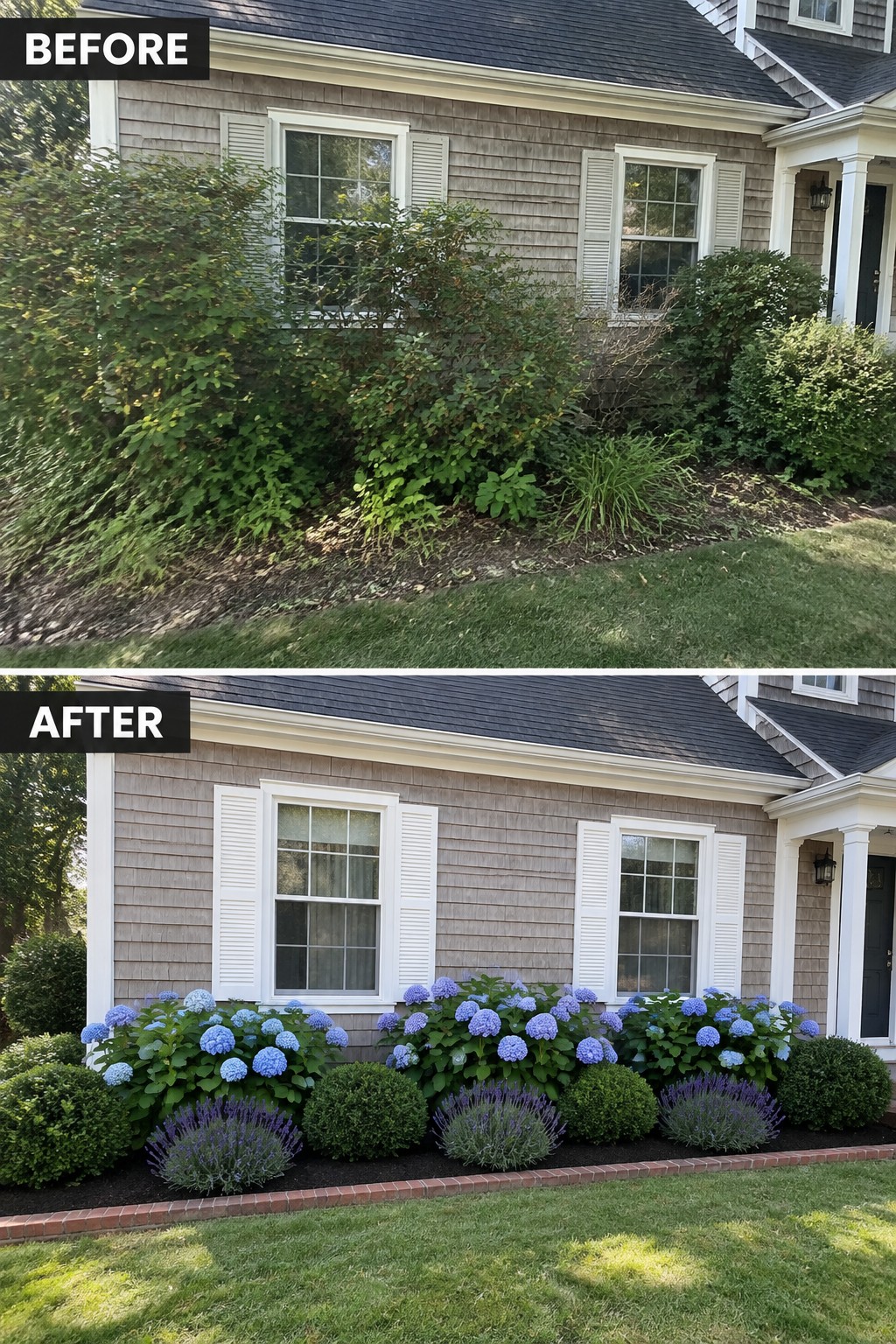 Before-and-after image of overgrown foundation plantings replaced with defined garden beds, hydrangeas, and neatly trimmed shrubs.