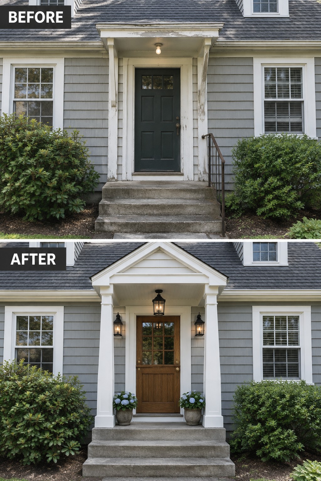 Before-and-after image of a Cape Cod home entry updated with a wood front door, a defined white portico, and new porch lighting.