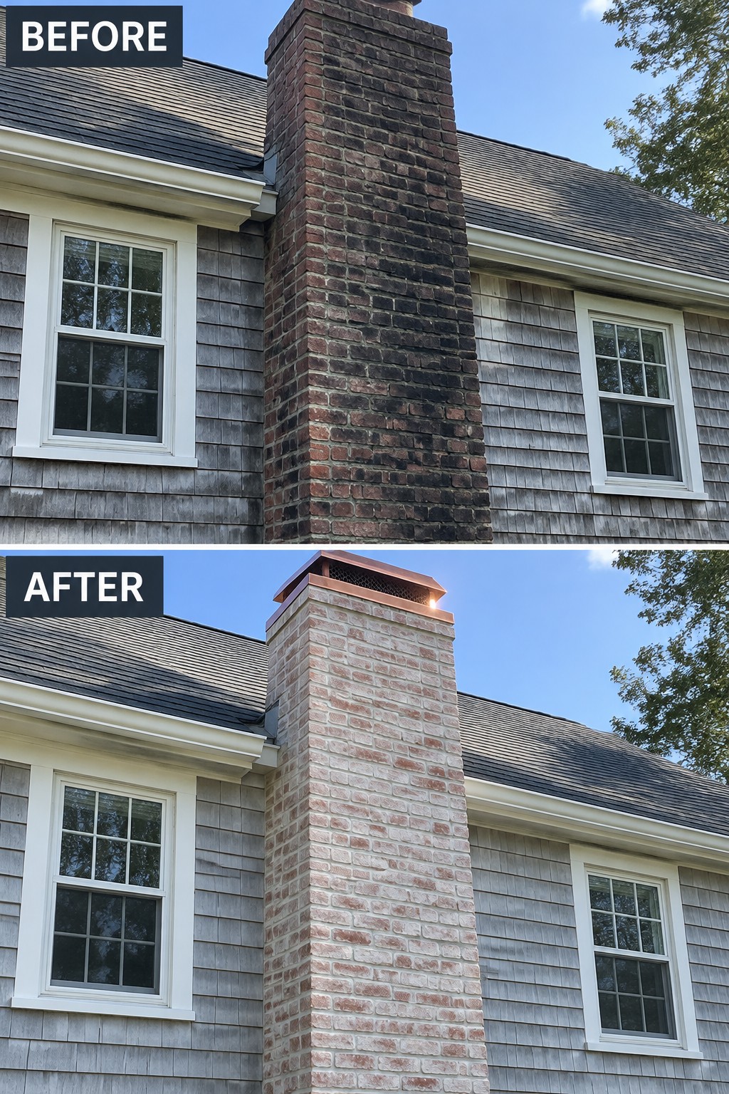 Before-and-after makeover image of a dark brick chimney updated with lighter brick and a metal chimney cap.