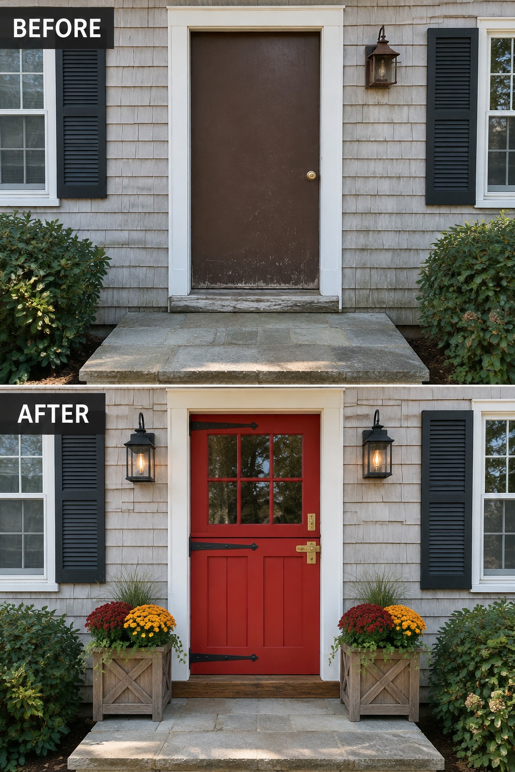 Before-and-after makeover image of a Cape Cod home entry, changing from a worn brown door to a red divided-light door with black hardware.