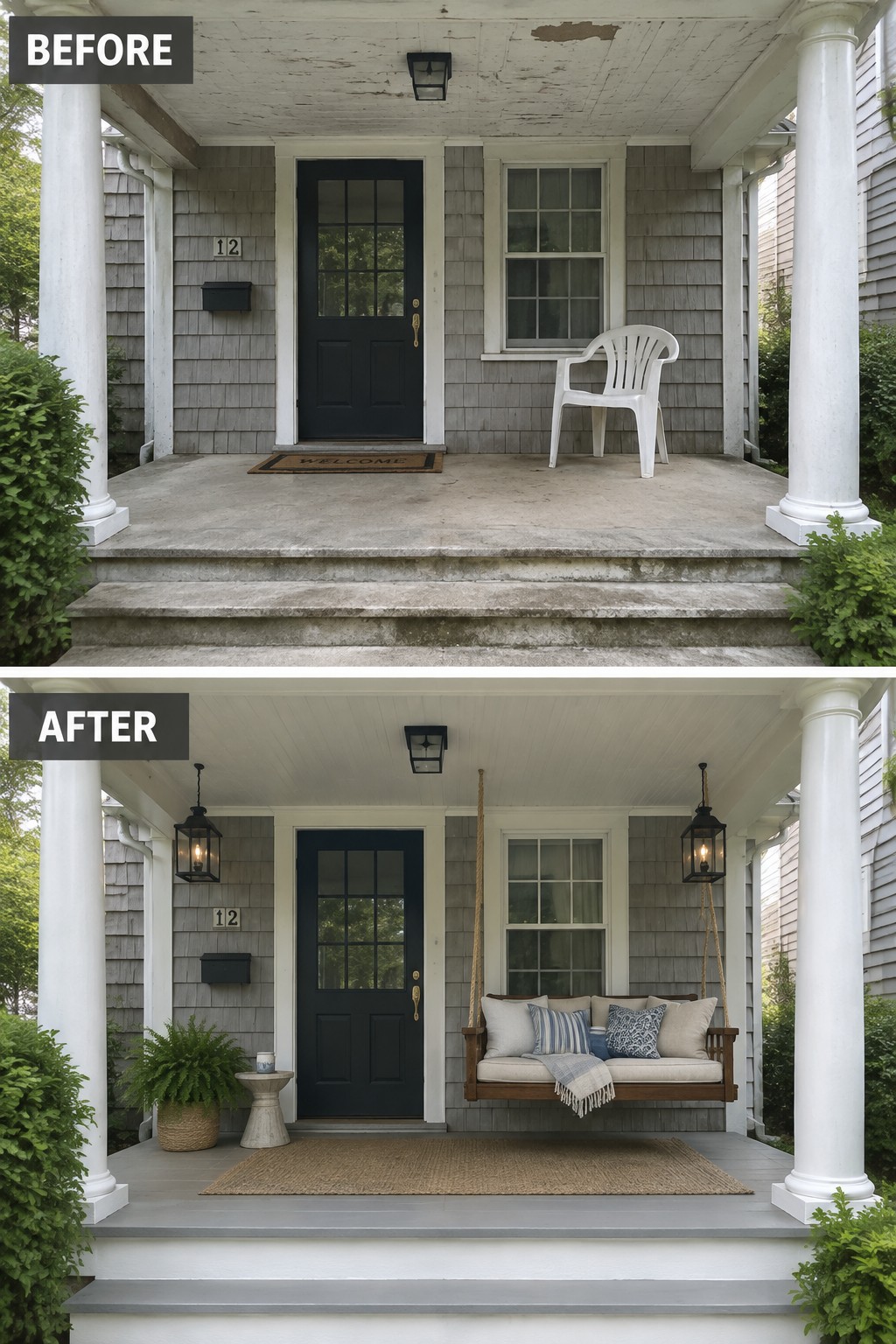 Before-and-after image of a bare front porch updated with a hanging swing, outdoor rug, and potted fern.