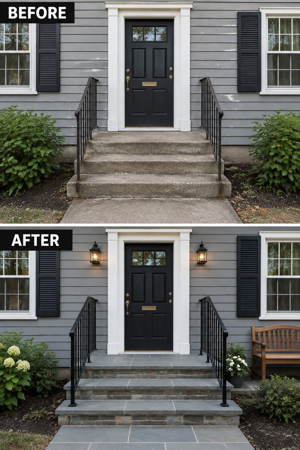 Before-and-after makeover image showing worn concrete front steps replaced with stone-faced steps and a matching paved walkway.