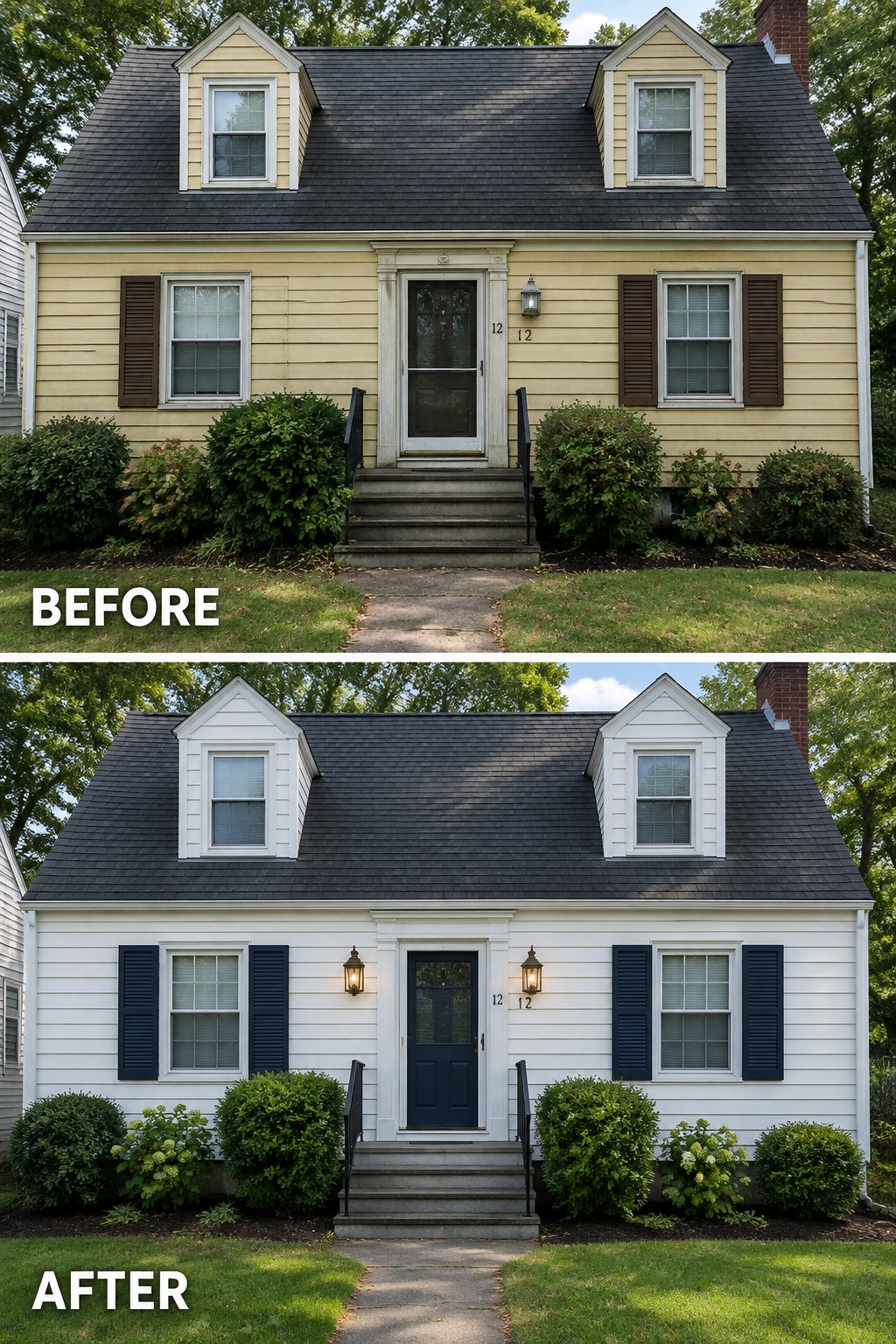 Before-and-after makeover image of a yellow Cape Cod house repainted white with dark shutters and a navy front door.