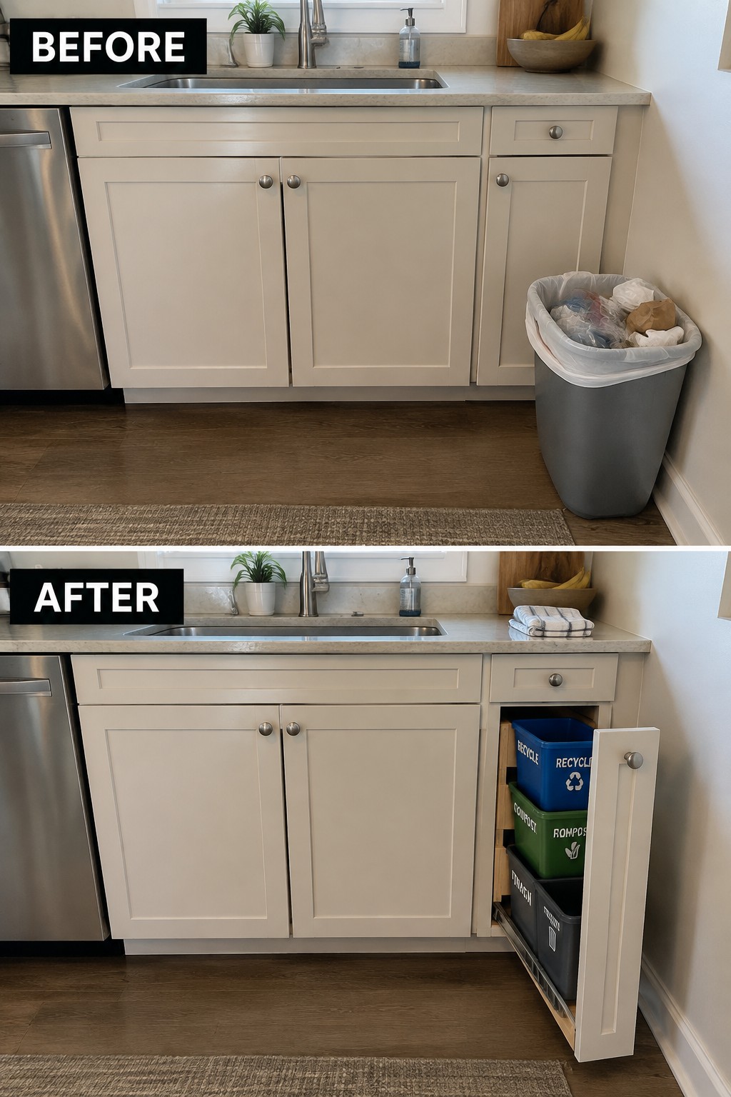 Before-and-after makeover image showing a floor-standing trash bin replaced by a cabinet pull-out with separate recycling and compost bins.