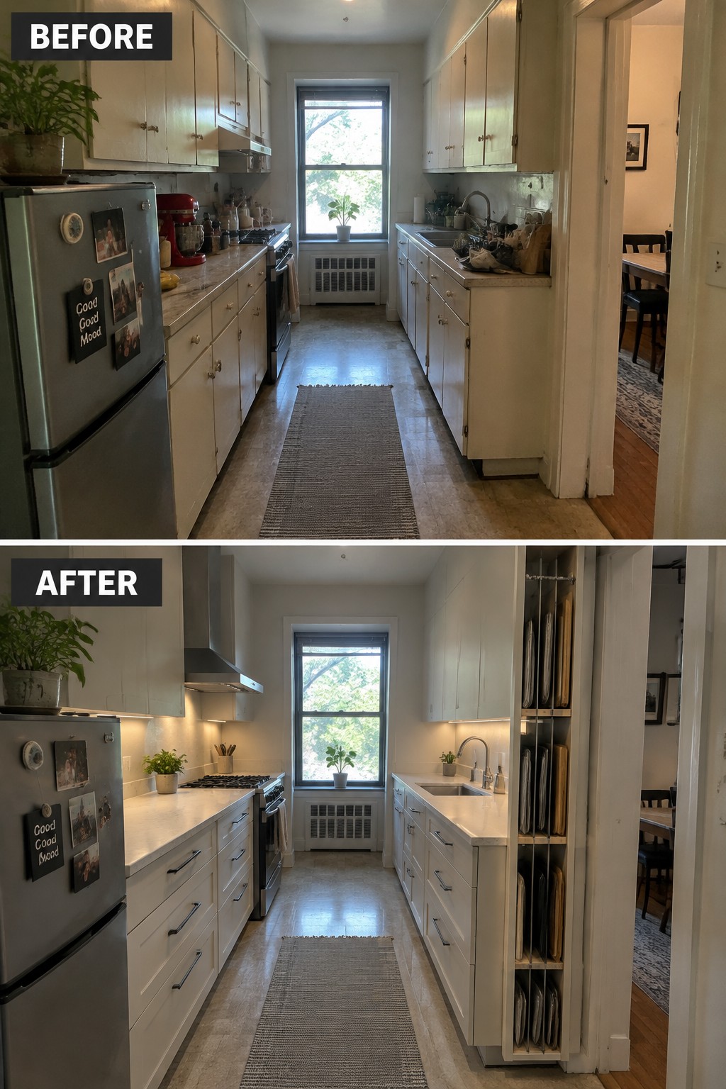 Before-and-after kitchen makeover image showing updated cabinets and counters, with a tall pull-out rack for trays added beside the doorway.
