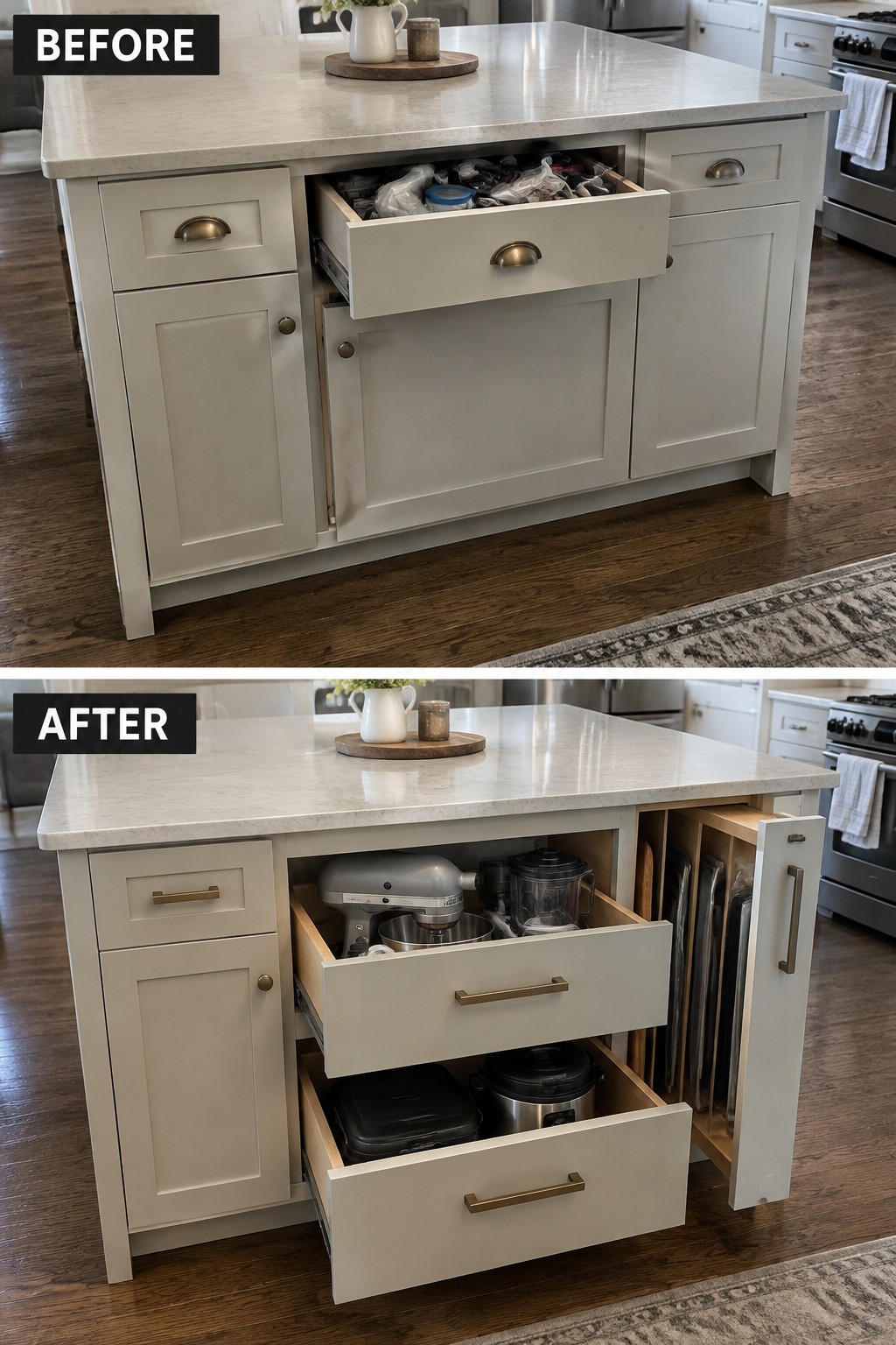 Before-and-after image of a kitchen island with a cluttered shallow drawer changed to deep drawers for appliances and a narrow vertical cabinet for baking sheets.