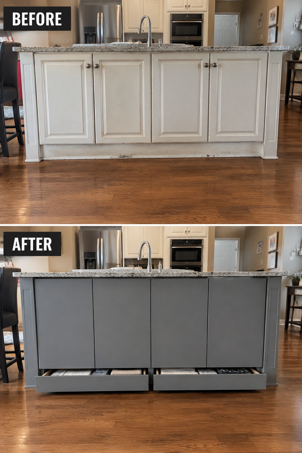 Before-and-after makeover image of a kitchen island with cream paneled cabinets changed to gray flat-front cabinets and two open storage drawers.