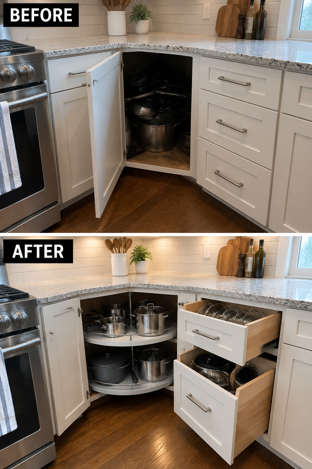 Before-and-after makeover image of a kitchen corner cabinet changed from a dark cupboard holding stacked pots to rotating shelves for cookware and pull-out drawers for dishes.