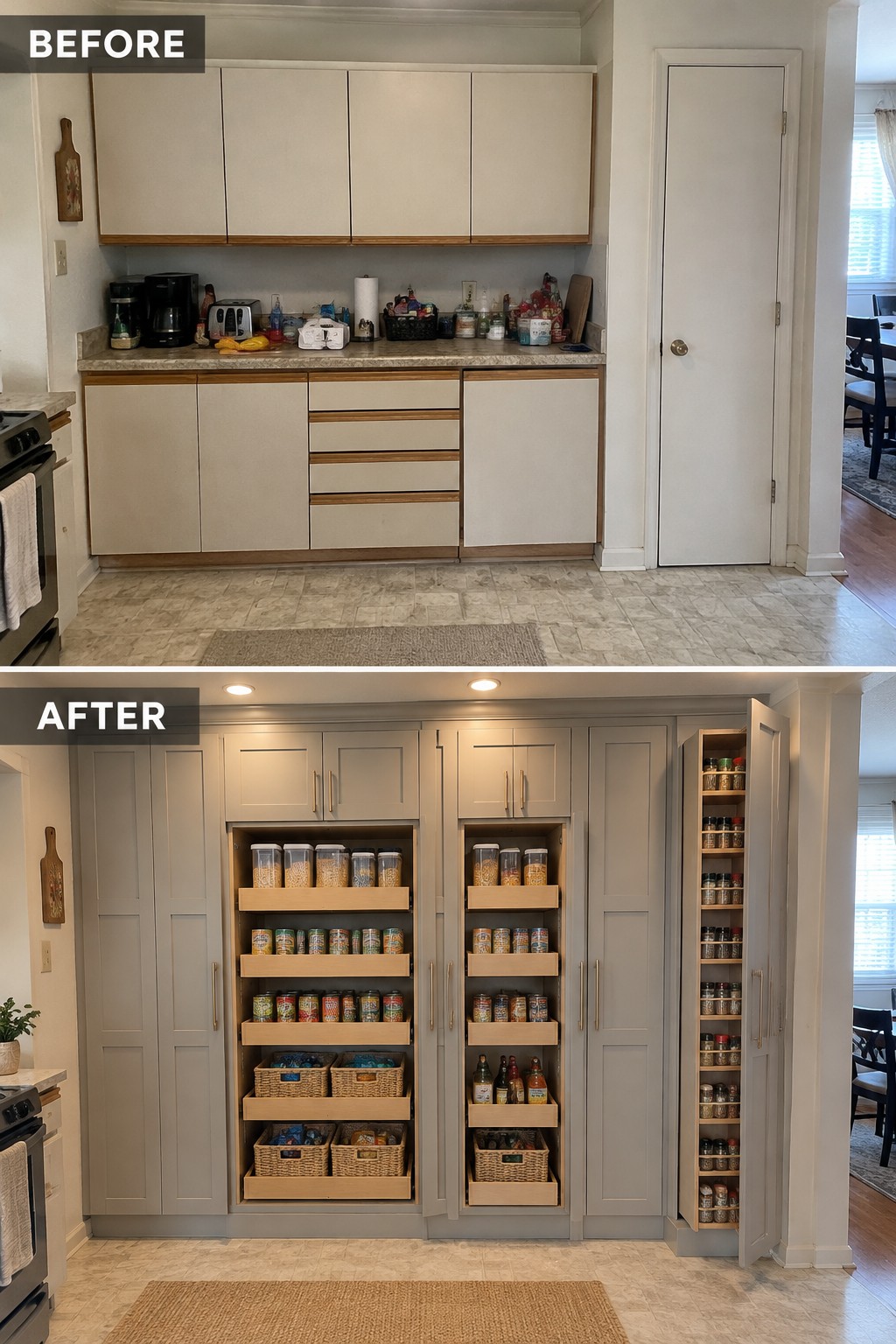 Before-and-after makeover image showing basic kitchen cabinets replaced with tall pantry cabinets, pull-out shelves, and narrow spice storage.