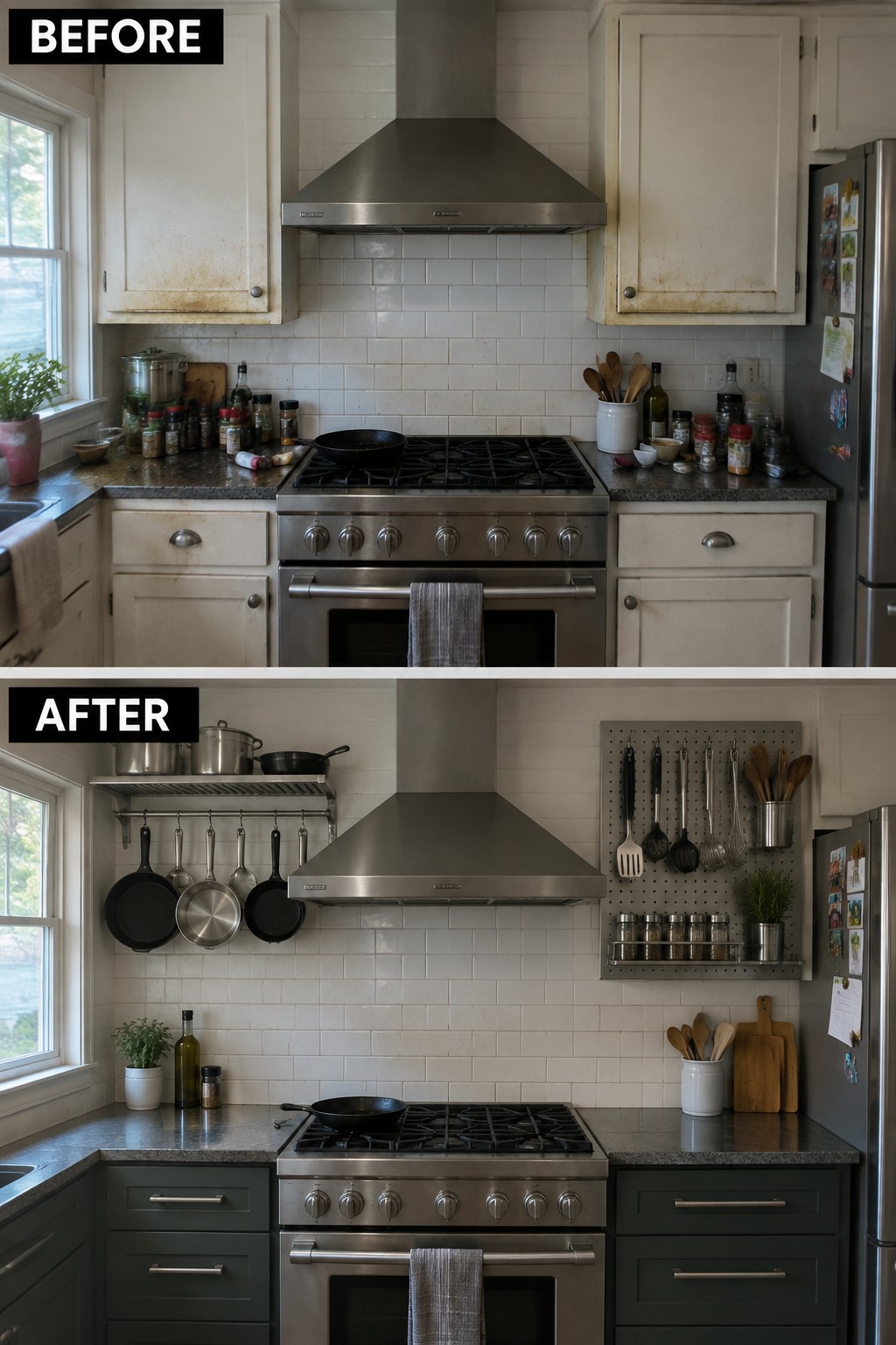 Before-and-after kitchen makeover image showing cluttered counters and closed upper cabinets replaced by clearer counters and wall-mounted storage for cookware, utensils, and jars.