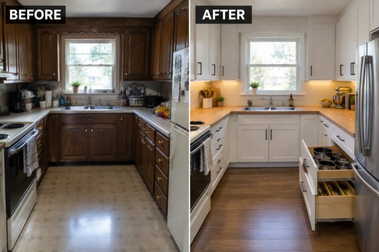 Before-and-after kitchen makeover image showing dark wooden cabinets replaced with white cabinets, including a pull-out drawer for pots and pans.